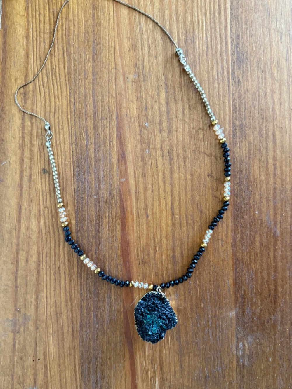 Druzy Pendant Beaded Necklace + Slider Clasp, Gold & Black